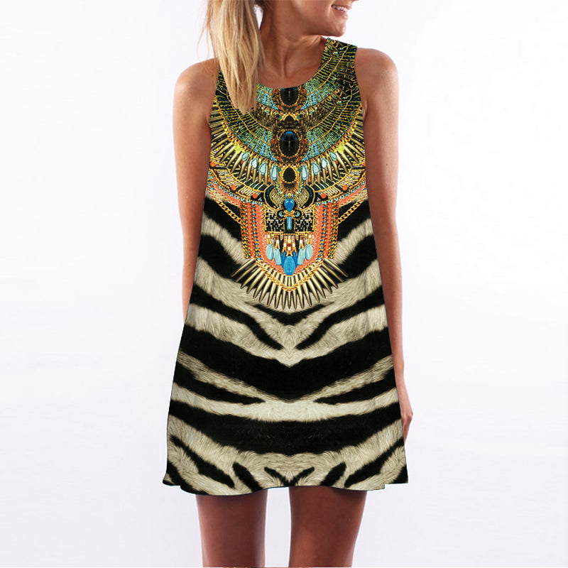 Retro digital print round neck dress