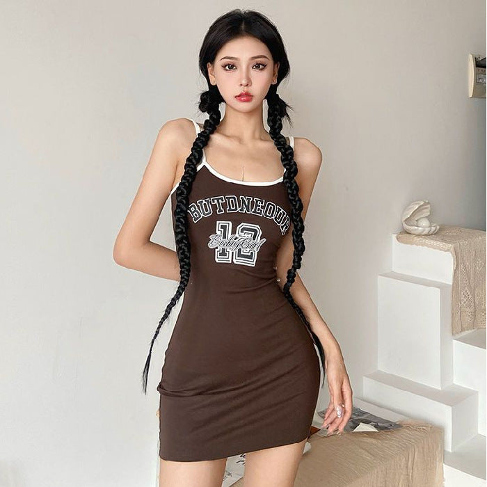 Design Niche Vintage Letter Print Slingback Dress