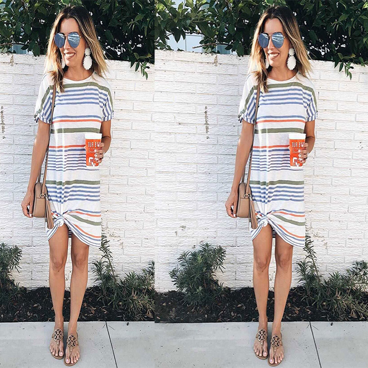 Summer Fashion Round Neck Printed Striped Short Sleeve Women's Dress