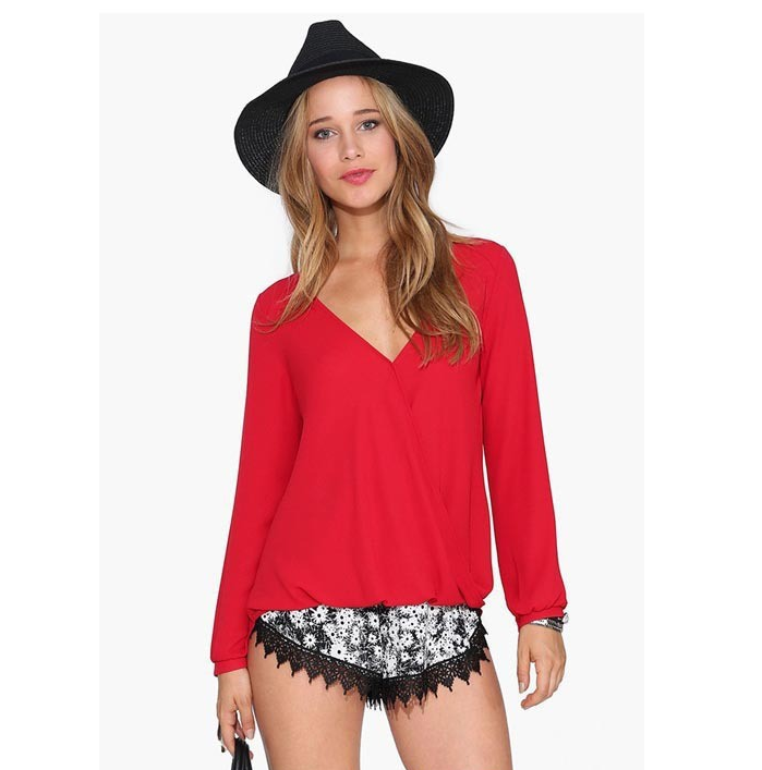 New women's European and American long-sleeved V-neck large size long-sleeved chiffon shirt