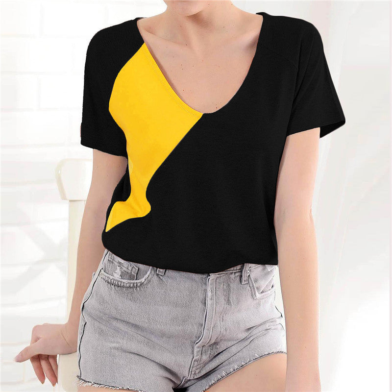 Contrasting round neck short sleeve ladies T-shirt