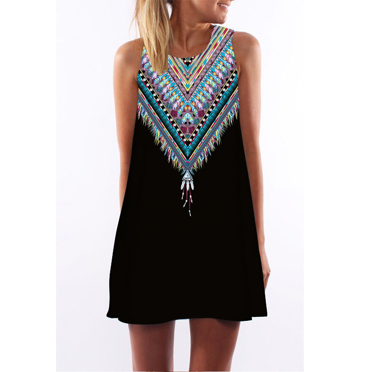 Retro digital print round neck dress