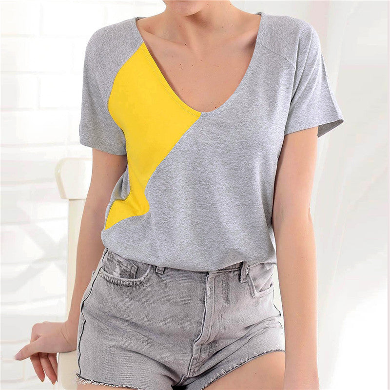 Contrasting round neck short sleeve ladies T-shirt