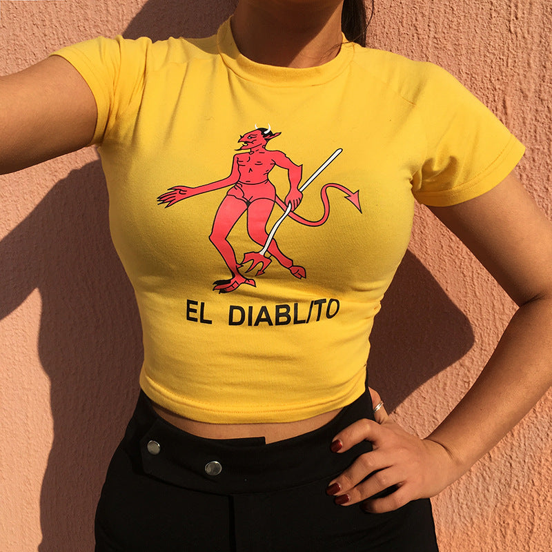 Trade Devil Cartoon Print Slim Short Sleeve T-Shirt