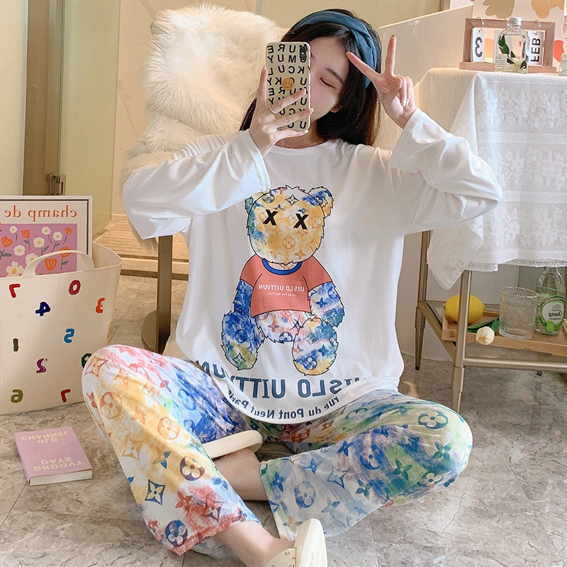 Outer Cartoon Pajamas Women's Short-sleeved Trousers  Polyester Fiber Home Service Two-piece Suit