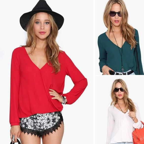 New women's European and American long-sleeved V-neck large size long-sleeved chiffon shirt