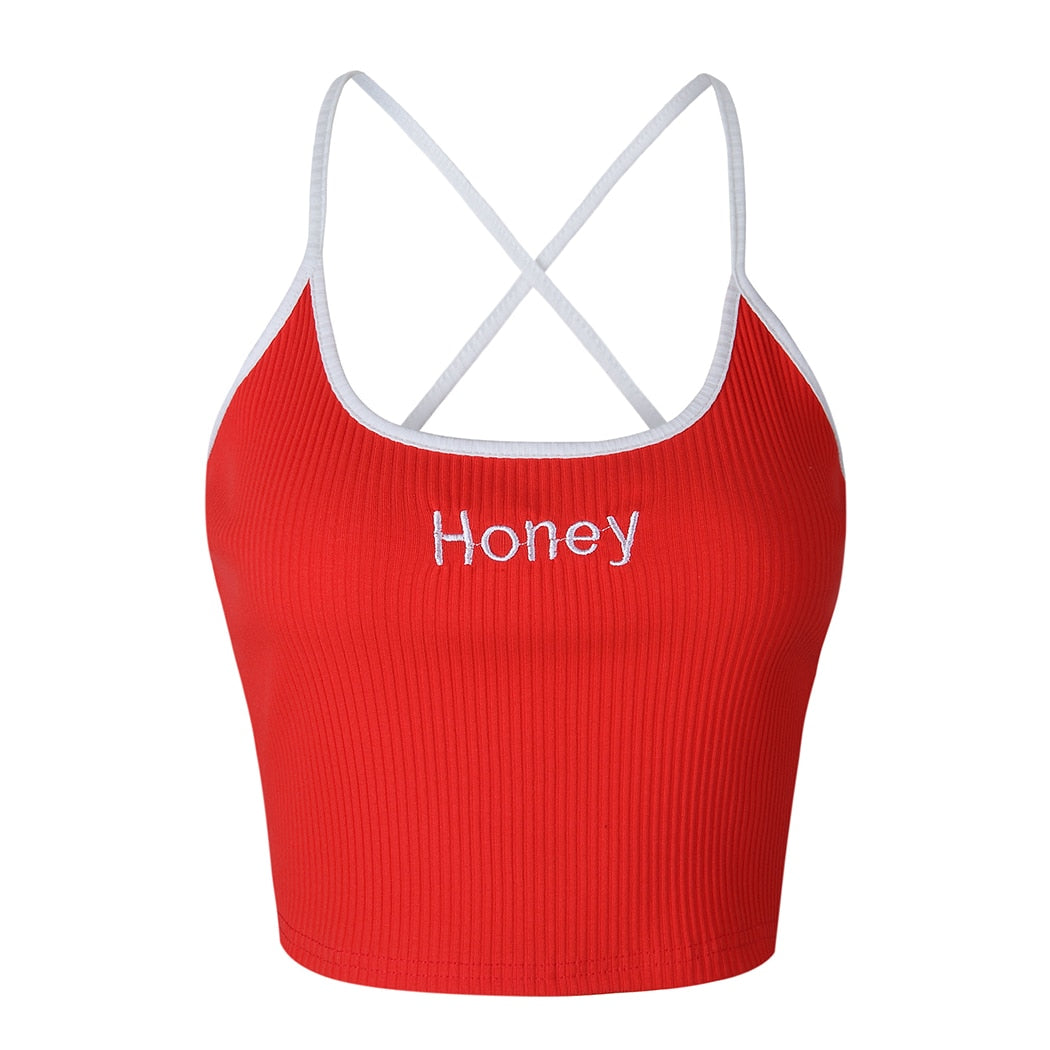 Letter embroidered close-fitting navel vest