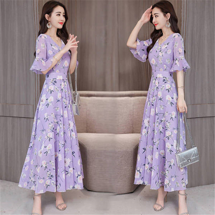 new large size short-sleeved holiday dress female summer loose slim green flower fashion temperament long skirt