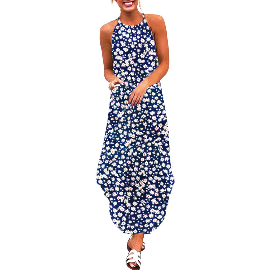 Summer New Style Long Women's Sling Bohemian Print Irregular Loose Sling Dress
