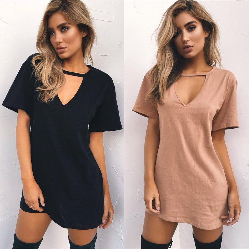 Wish AliExpress ebay summer hot sale explosions Europe and America sexy deep V short-sleeved T-shirt loose casual dress
