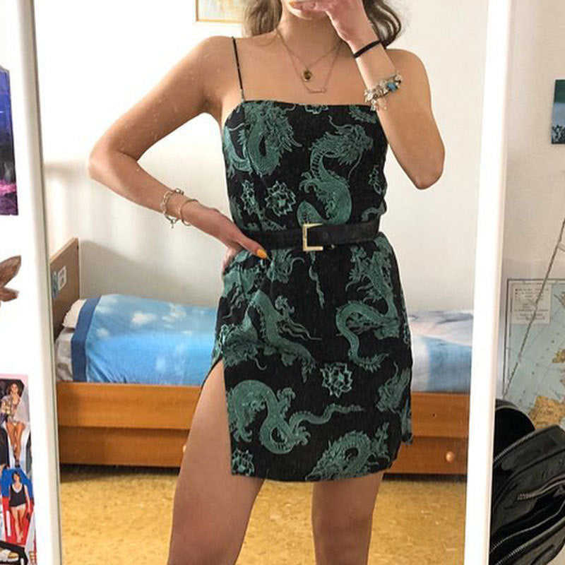European and American floral dragon print halter strap dress