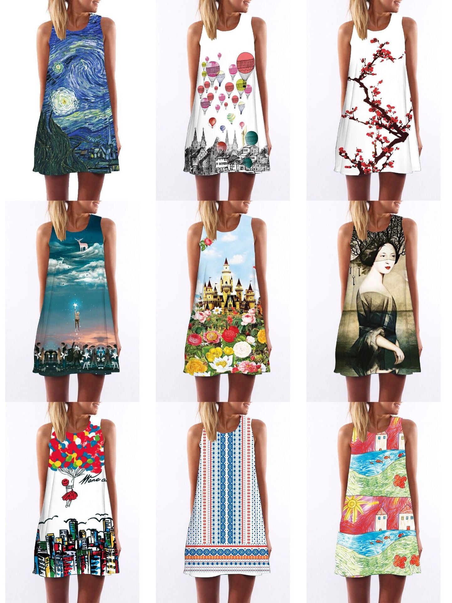 Retro digital print round neck dress