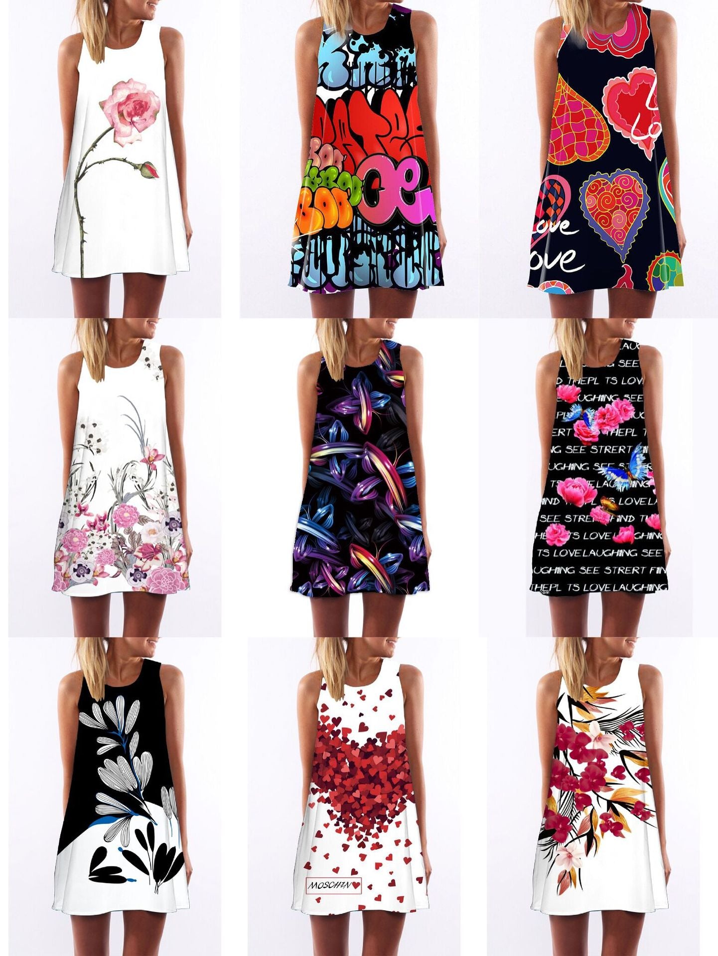 Retro digital print round neck dress
