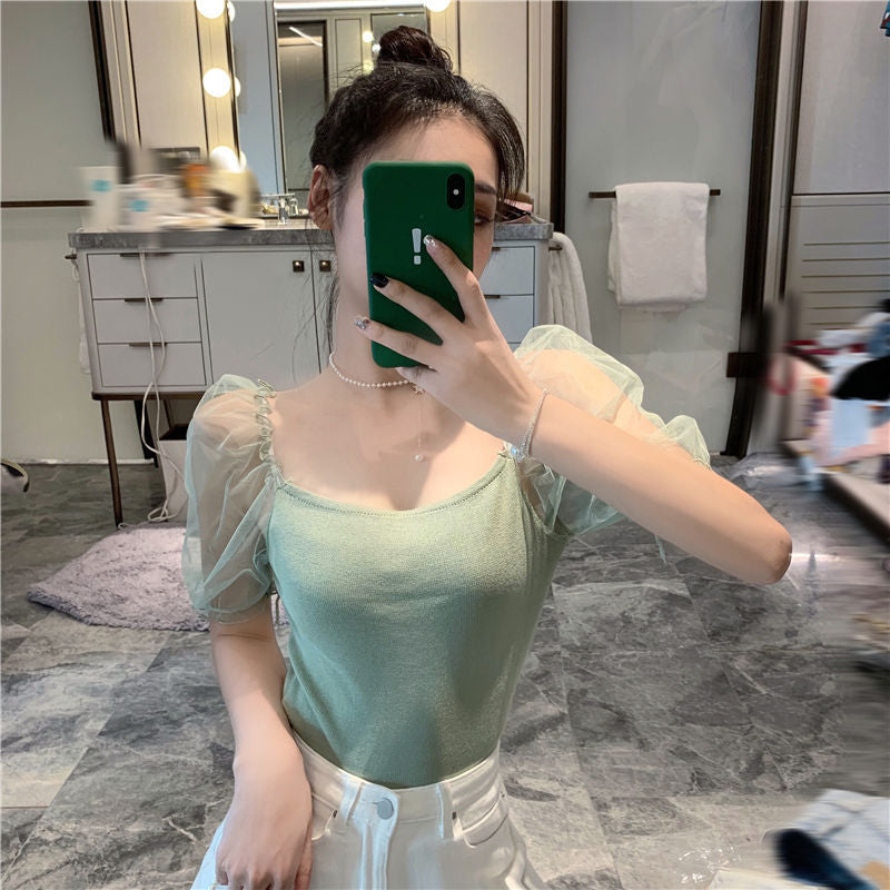 Mesh Stitching Super Fairy Knitted Ladies Top