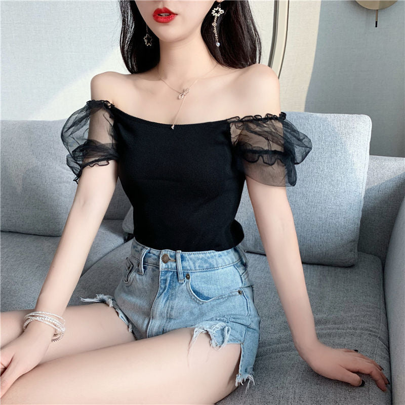 Mesh Stitching Super Fairy Knitted Ladies Top