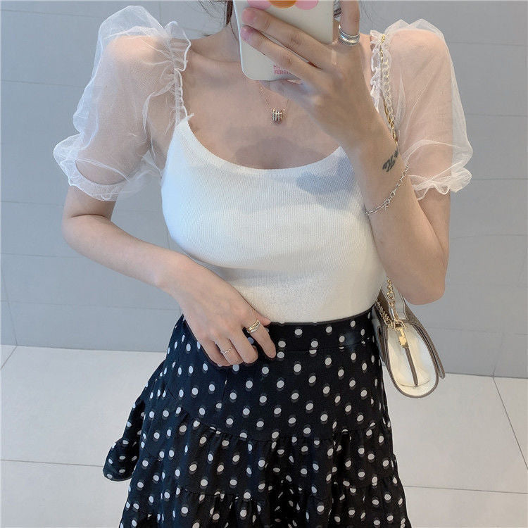 Mesh Stitching Super Fairy Knitted Ladies Top