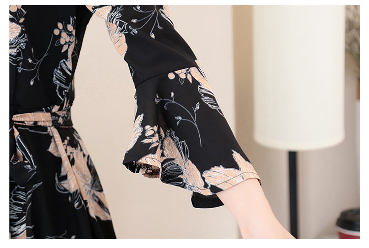 Slim Slimming Flared Sleeve Temperament V-neck Mid-length Skirt