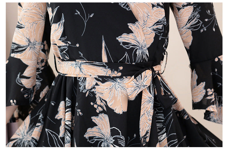 Slim Slimming Flared Sleeve Temperament V-neck Mid-length Skirt