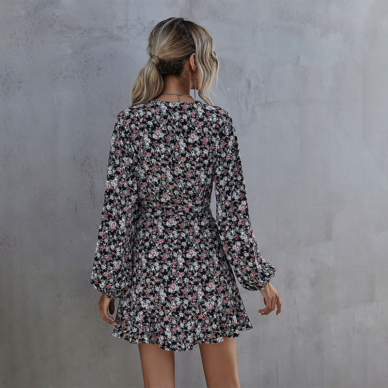 Floral Dress Long Sleeve V-neck Sweet Print