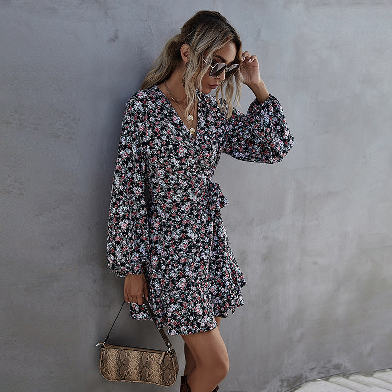 Floral Dress Long Sleeve V-neck Sweet Print