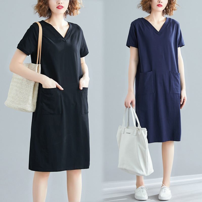 Fat Mm Solid Color V-Neck Slim Short-Sleeved Dress