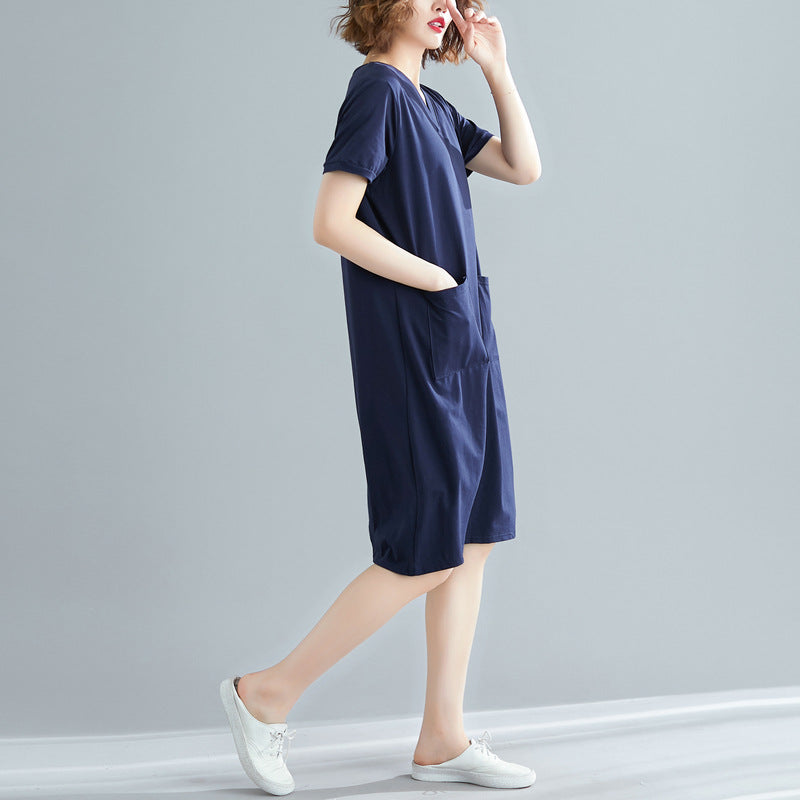 Fat Mm Solid Color V-Neck Slim Short-Sleeved Dress