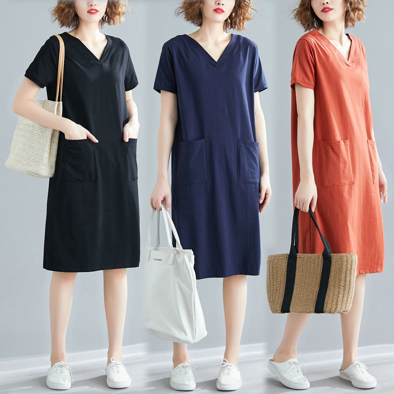 Fat Mm Solid Color V-Neck Slim Short-Sleeved Dress