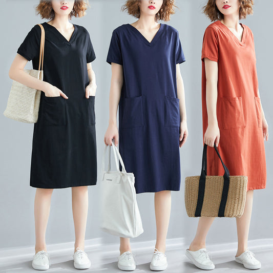 Fat Mm Solid Color V-Neck Slim Short-Sleeved Dress