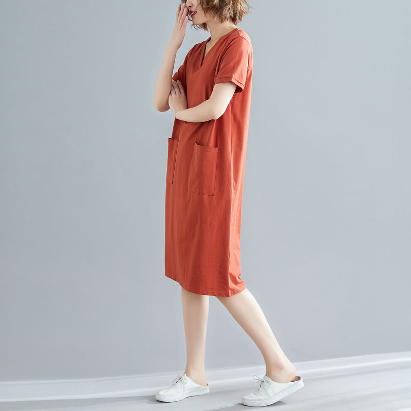 Fat Mm Solid Color V-Neck Slim Short-Sleeved Dress