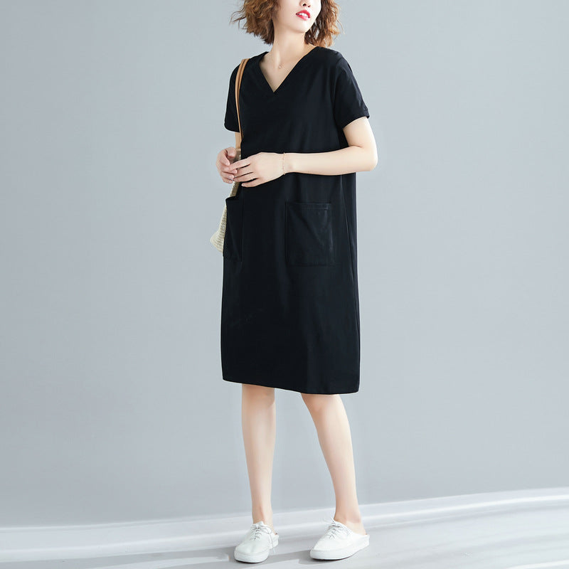 Fat Mm Solid Color V-Neck Slim Short-Sleeved Dress