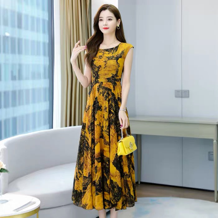 Floral Dress New Waist Round Neck Short-sleeved Iice Silk Long Skirt