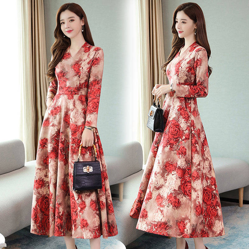 Long-sleeved Women's Autumn And Winter Waist Was Thinner, V-neck Printed Over-the-knee Long Skirt