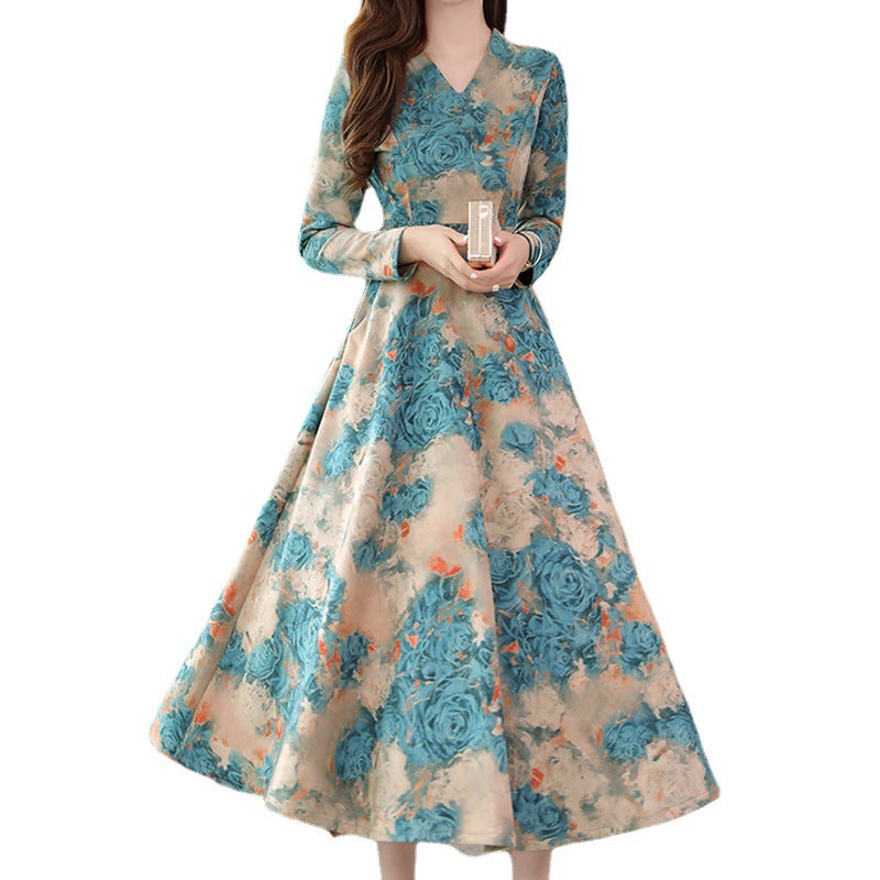 Long-sleeved Women's Autumn And Winter Waist Was Thinner, V-neck Printed Over-the-knee Long Skirt