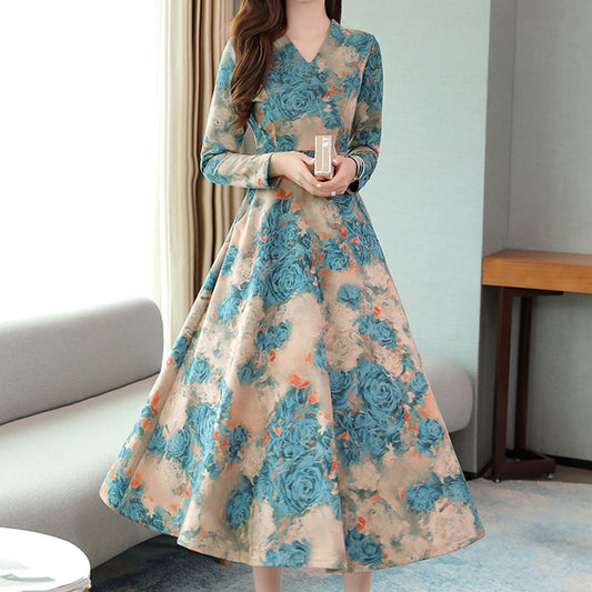 Long-sleeved Women's Autumn And Winter Waist Was Thinner, V-neck Printed Over-the-knee Long Skirt