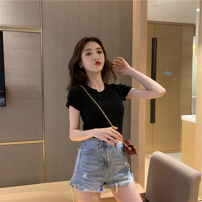 Letter Embroidery Slim Fashion Bottoming Women's Short Sleeve