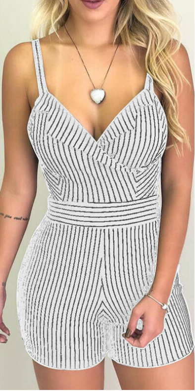 Striped Women'S Jumpsuit, One Piece, Fashion, Sexy, Sleeveless, Bodysuit, Cropped Pants, White, Black