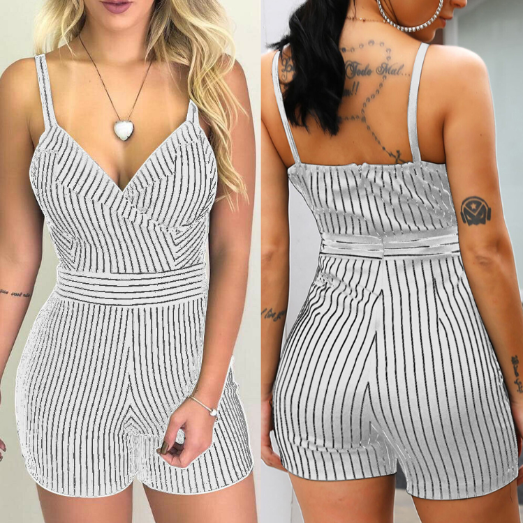 Striped Women'S Jumpsuit, One Piece, Fashion, Sexy, Sleeveless, Bodysuit, Cropped Pants, White, Black