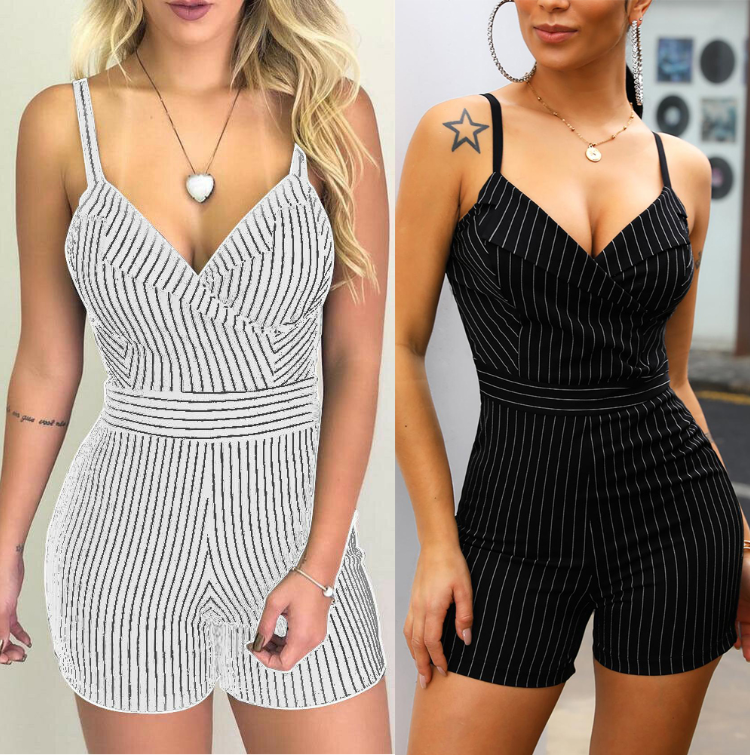Striped Women'S Jumpsuit, One Piece, Fashion, Sexy, Sleeveless, Bodysuit, Cropped Pants, White, Black