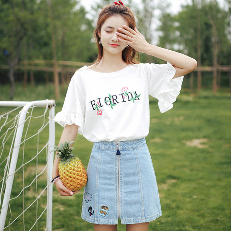 Printed Embroidered T-shirt Female Short-sleeved Student Flared Sleeves