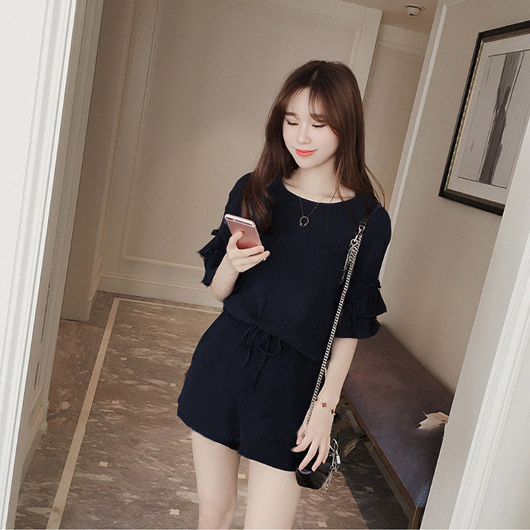 Chiffon top and high waist shorts two-piece suit