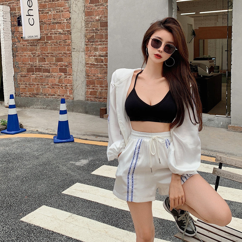 Fashion Casual Thin Long-Sleeved Hooded Sun Protection Jacket  High-Waist Wide-Leg Shorts Two-Piece Suit