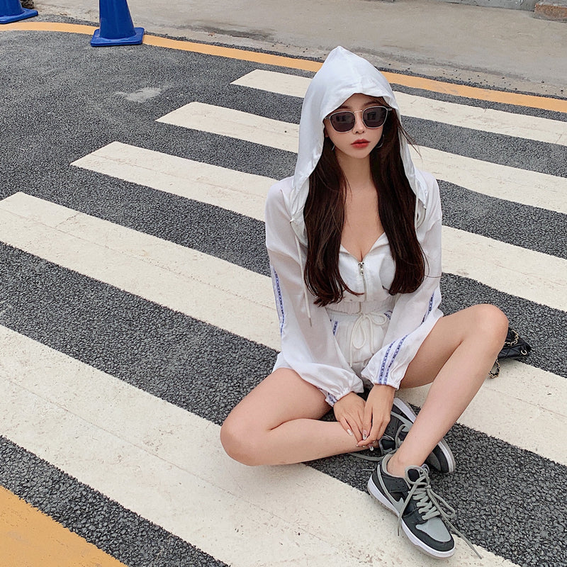 Fashion Casual Thin Long-Sleeved Hooded Sun Protection Jacket  High-Waist Wide-Leg Shorts Two-Piece Suit