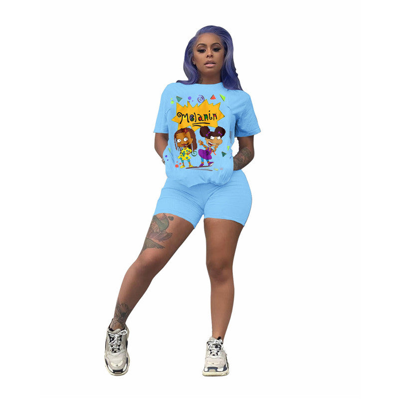 Cartoon Pattern Trendy Round Neck Short Sleeve Sports Casual Suit