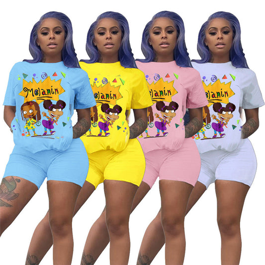 Cartoon Pattern Trendy Round Neck Short Sleeve Sports Casual Suit