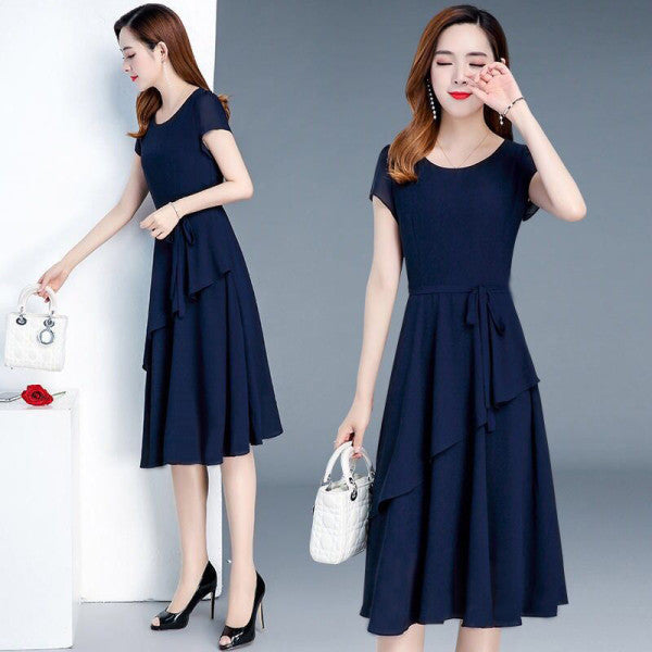 Summer Western-Style Waist, Slimming And Age-Reducing Temperament, Mid-Length Round Neck Dress