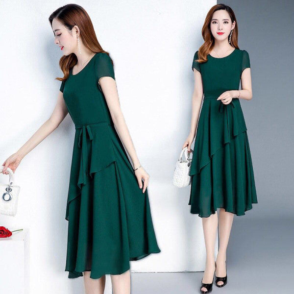 Summer Western-Style Waist, Slimming And Age-Reducing Temperament, Mid-Length Round Neck Dress