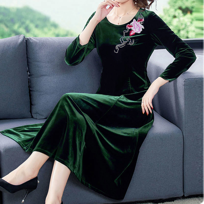 New Round Neck Gold Velvet Dress Women'S Mid-Length