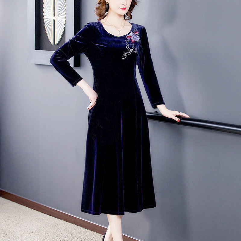 New Round Neck Gold Velvet Dress Women'S Mid-Length