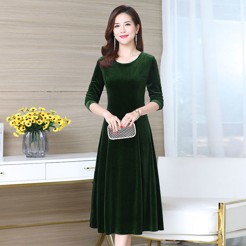 New Round Neck Gold Velvet Dress Women'S Mid-Length