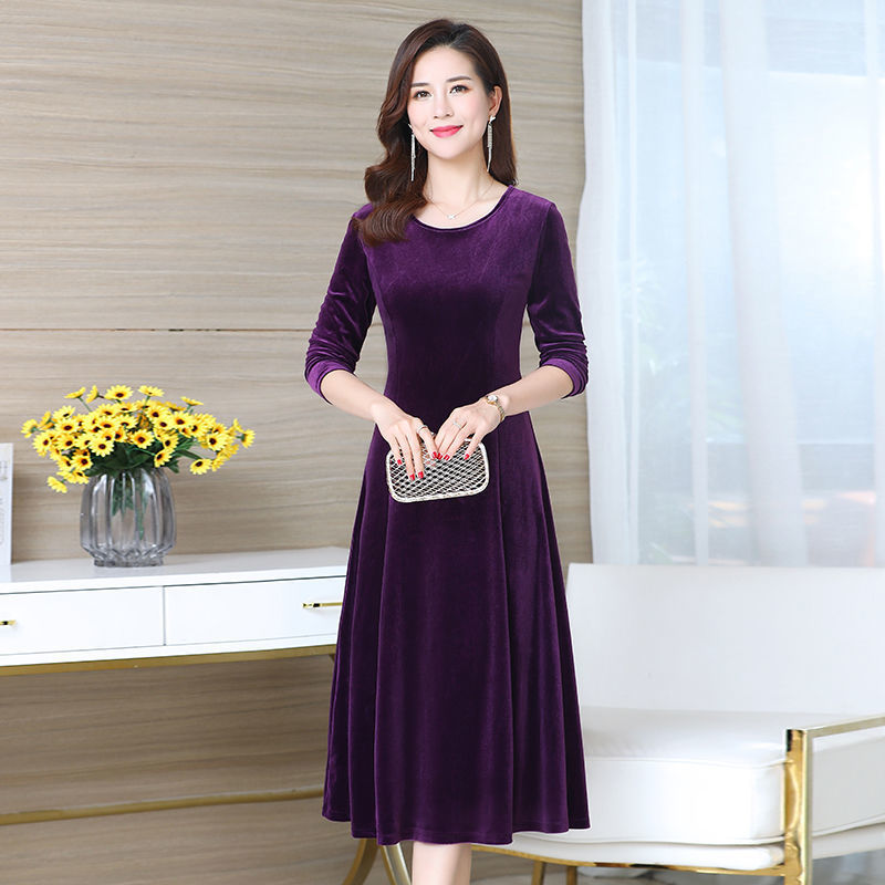New Round Neck Gold Velvet Dress Women'S Mid-Length